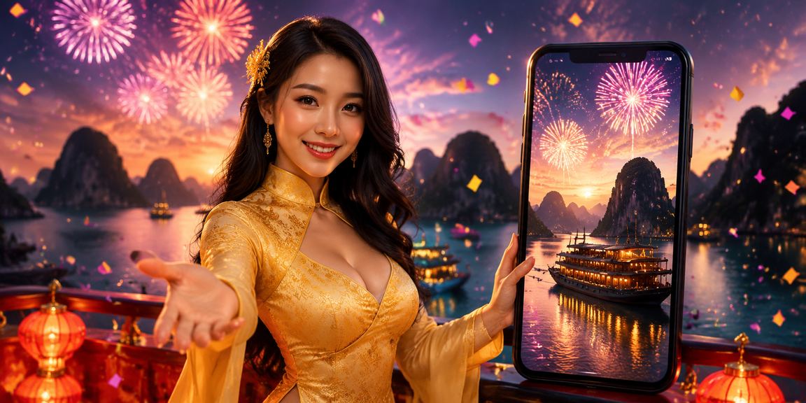 Người phụ nữ mặc áo dài nhận thưởng nạp tiền tại Hạ Long Bay với giao diện tttb trên điện thoại